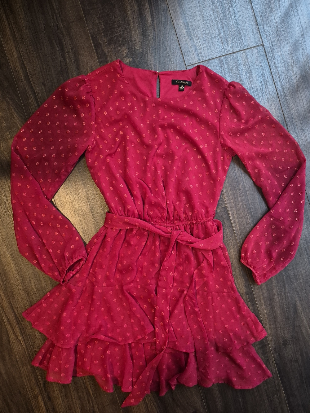 City Studio Red Tie-Waist Long Sleeve Mini Dress